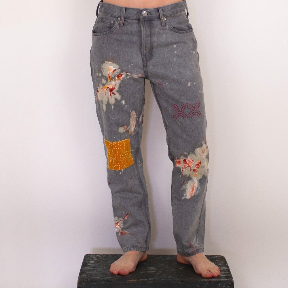 CUSTOM hand bleached, dyed and embroidered jeans